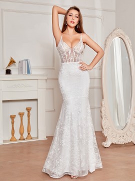 Contrast Mesh Bodycon Splicing Maxi Dress for Wedding Party, Elegant Sleeveless Mermaid Hem Dress for Women