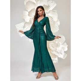 Long Sleeve Shiny Sequin V-neck Elegant Mermaid Hem Formal Dress for Party & Banquet, Women's Clothing
