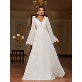 Solid V-neck Pleated Sweep Train Dress, Elegant Flare Sleeve Trumpet Dress For Wedding Party, Women's Clothing