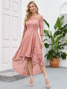 3/4 Sleeves Lace High-Low Off Shoulder Bridesmaid Dress, Cocktail Party Dress for Church Wedding Guest Formal Party