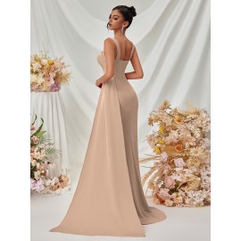 Elegant Spaghetti Strap Backless Gown with Thigh-High Slit - Perfect for Parties & Formal Events, Women's Evening Dress