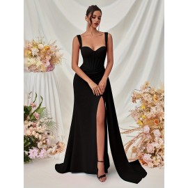 Elegant Spaghetti Strap Backless Gown with Thigh-High Slit - Perfect for Parties & Formal Events, Women's Evening Dress