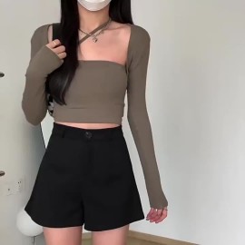 Elegant High-Waist Fleece Shorts for Women - Slimming A-Line Fit, Perfect for Fall & Winter with Pockets