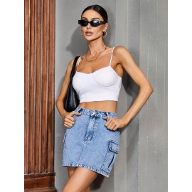 JYSS Women's Street Style Bodycon Denim Skirt - Summer Solid Color Non-Stretch Woven Cotton Blend with Pockets