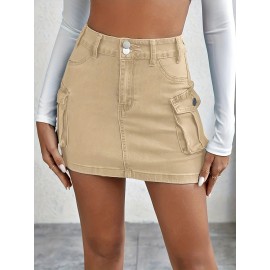 Plain Flap Pockets Cargo Denim Mini Skirt, High Stretch Double Button Washed Denim Skirt, Women's Denim Clothing
