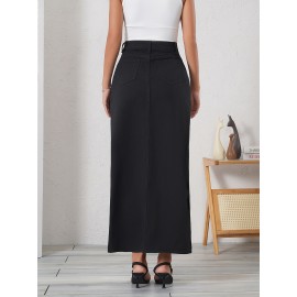 Elegant Black Denim Midi Skirt for Women - Asymmetrical, Non-Stretch, Machine Washable - Perfect for Spring/Summer/Fall