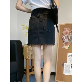 Women's Summer Causal High-Waist Denim Skirt, A-Line Jean Mini Skirt With Side Split, Frayed Hem, Casual Style