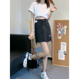 Women's Summer Causal High-Waist Denim Skirt, A-Line Jean Mini Skirt With Side Split, Frayed Hem, Casual Style