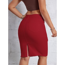 Hot Ripped High Waisted Bodycon Midi Denim Skirt, Women's Denim Jeans & Clothing