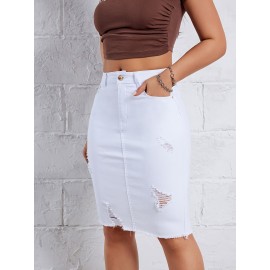 Hot Ripped High Waisted Bodycon Midi Denim Skirt, Women's Denim Jeans & Clothing