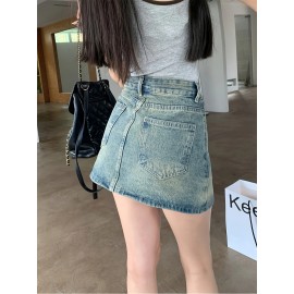 Chic High-Waist A-Line Denim Skirt with Built-In Liner - Casual, Non-Stretch, Machine Washable - Summer Fashion for Women