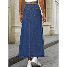 Plain Washed Blue Button Fly Casual Style A-line Maxi Denim Skirt, Women's Denim Jeans & Clothing