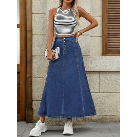 Single-breasted Plain Washed Blue Denim Skirt, Elegant High Rise Maxi Denim Skirt, Women's Denim Jeans & Clothing
