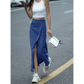 Women'S Elegant Denim Wrap Skirt - High Waist Lace-Up Slit Midi Skirt, Cotton Blend, Geometric Pattern, Woven Fabric, Non-Stretch for Spring/Summer/Fall