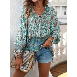 Floral Print V Neck Blouse, Casual Drawstring Long Sleeve Blouse For Spring & Fall, Women's Clothing