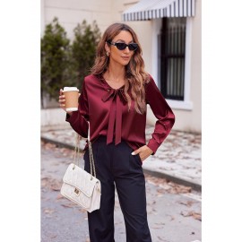 Women's Satin Silk Long Sleeve Blouse with Bow Tie Neck Office Work Wear Elegant Tops