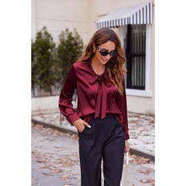 Women's Satin Silk Long Sleeve Blouse with Bow Tie Neck Office Work Wear Elegant Tops