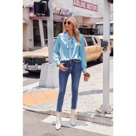 Women's Satin Silk Long Sleeve Blouse with Bow Tie Neck Office Work Wear Elegant Tops