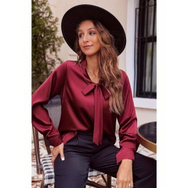 Women's Satin Silk Long Sleeve Blouse with Bow Tie Neck Office Work Wear Elegant Tops