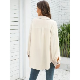 Drop Shoulder Button Front Shirt, Casual Long Sleeve With Pocket Shirt For Spring & Fall, Women's Clothing