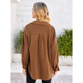 Drop Shoulder Button Front Shirt, Casual Long Sleeve With Pocket Shirt For Spring & Fall, Women's Clothing