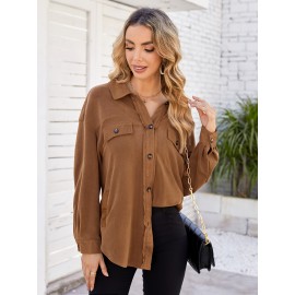 Drop Shoulder Button Front Shirt, Casual Long Sleeve With Pocket Shirt For Spring & Fall, Women's Clothing