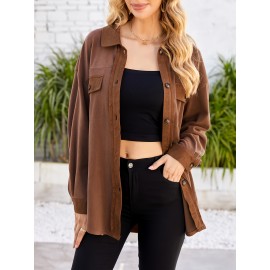Drop Shoulder Button Front Shirt, Casual Long Sleeve With Pocket Shirt For Spring & Fall, Women's Clothing