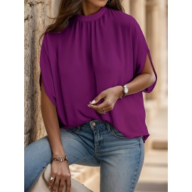 Womens Elegant Pintuck Batwing Sleeve Blouse - High Neck, Micro Elasticity, Solid Color, Machine Washable, Casual Top for Spring & Fall - Tooluck Brand