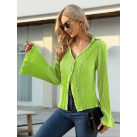 Solid Pleated V Neck Blouse, Casual Button Front Bell Sleeve Blouse For Spring & Fall, Women's Clothing
